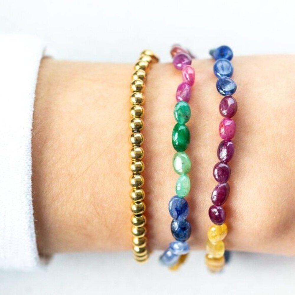 AAA Sapphire Rainbow Beaded Stretch Bracelet Multicolor Ombre Precious Gemstone